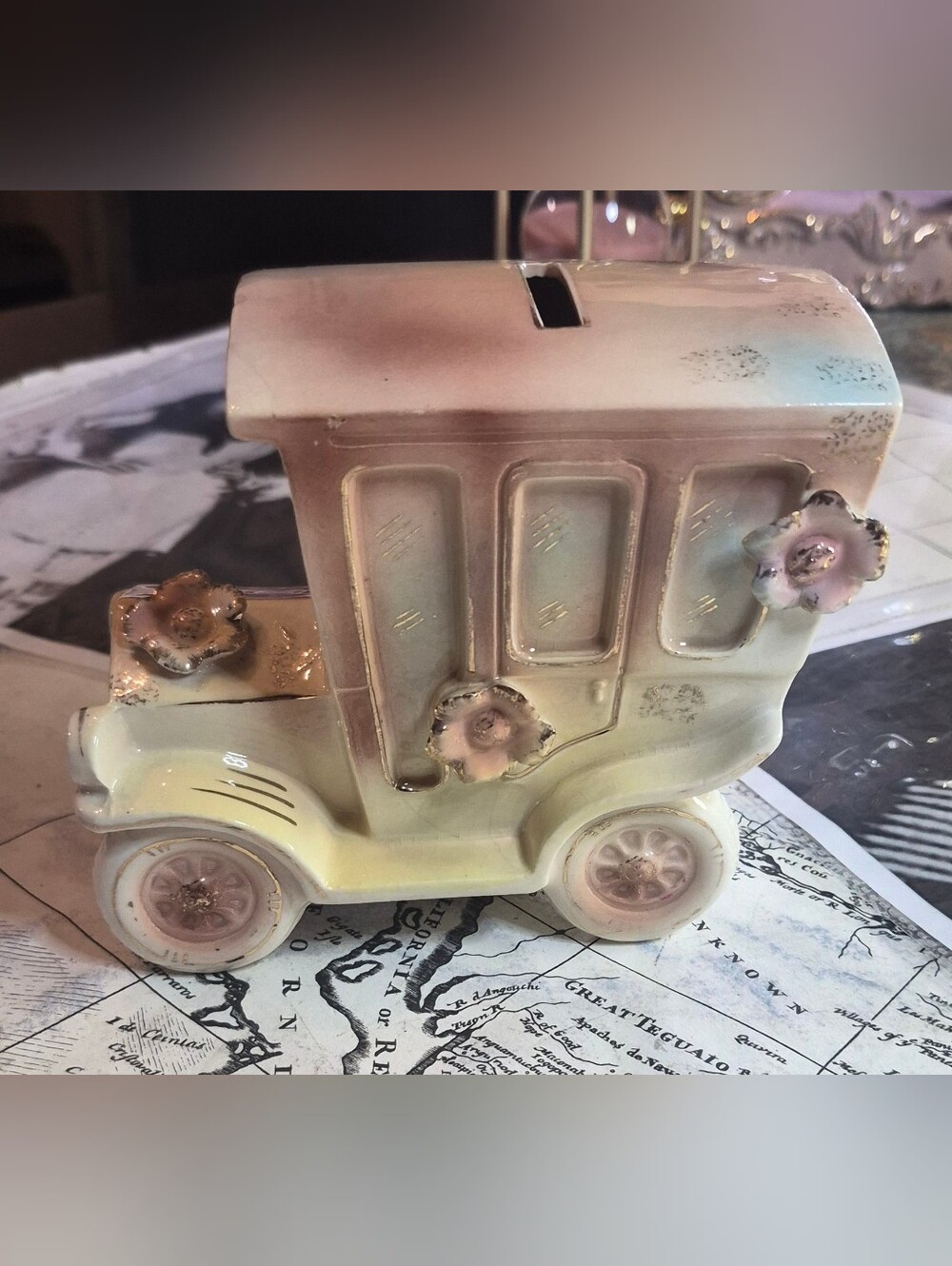 Vintage Ceramic Car Bank in Blush and Cream